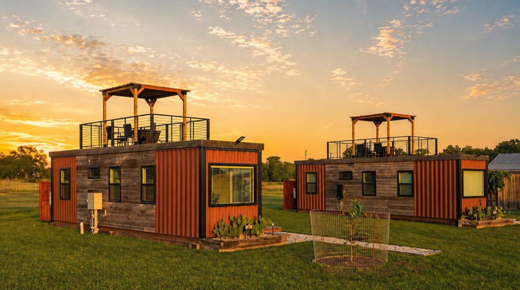 Modern container tiny homes on 290 Wine Trail pet friendly stay.