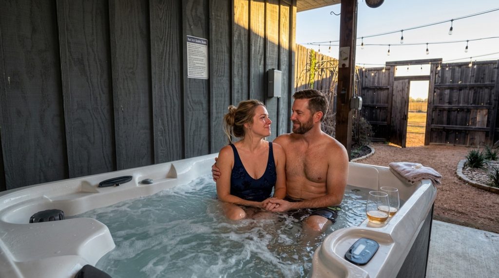 Outdoor hot tub at 290 Wine Trail pet friendly stay.