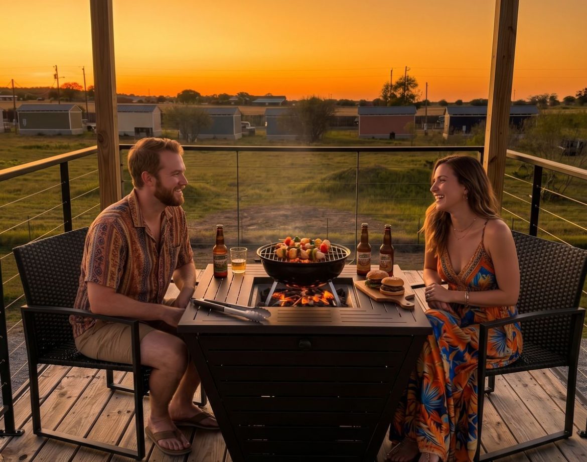 A woman relaxing alone in a steaming hot tub within a private, fenced patio area.